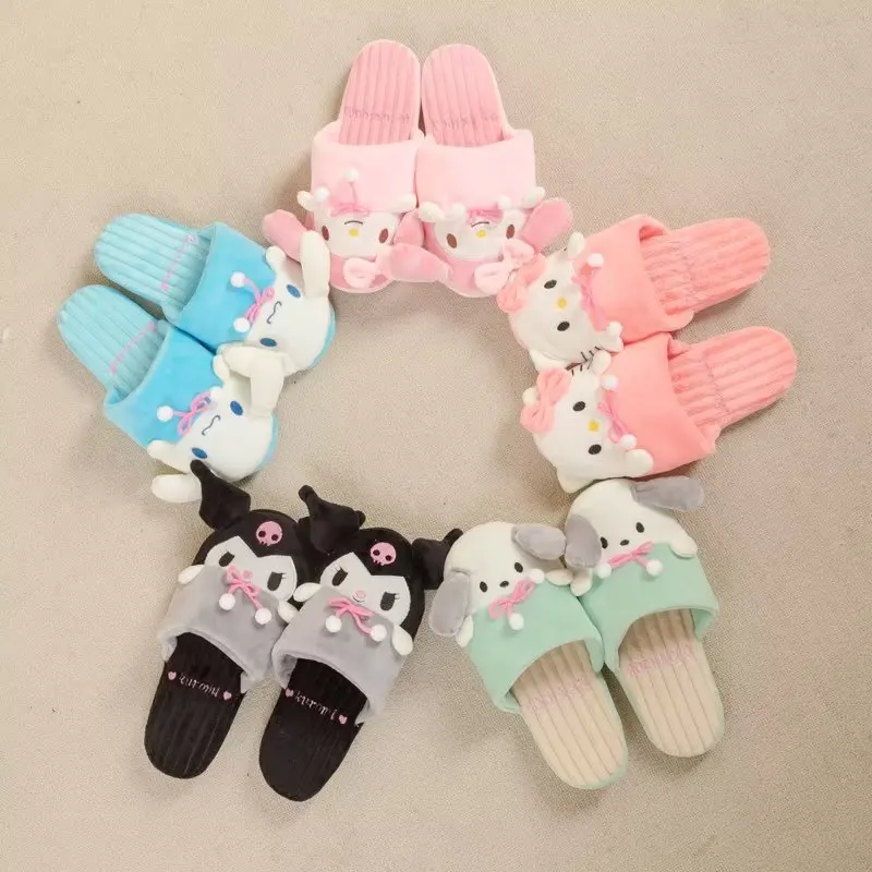

Sanrio, Hello Kitty Cinnamoroll плюшевые тапочки Kuromi My Melody мультфильм Kawaii зимние хлопковые тапочки Нескользящие теплые изоляции