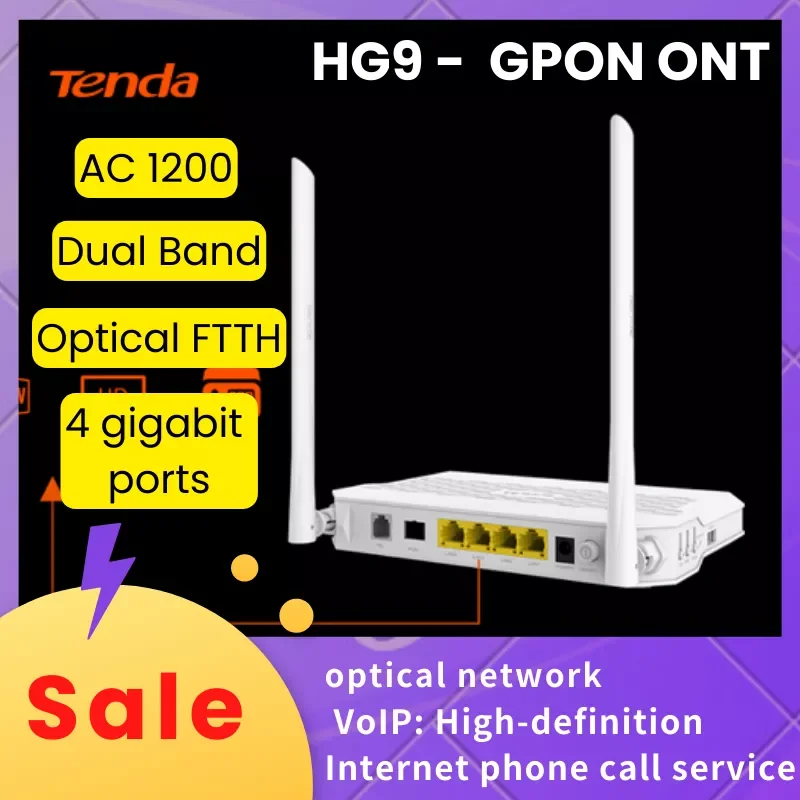 Двухдиапазонный Wi-Fi роутер Tenda HG9 GPON AC1200, ONT FTTH, оптоволоконная сеть, модем ONU OLT OMCI TR069, VoIP, телефонные звонки, USB, не EPON