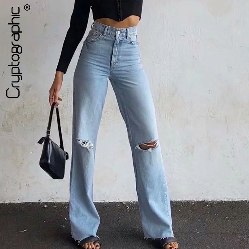 

Cryptographic Fashion Denim Ripped Distressed Jeans Woman High Waist Flare Pants Bottom Streetwear Trousers Pants Jeans Ladies