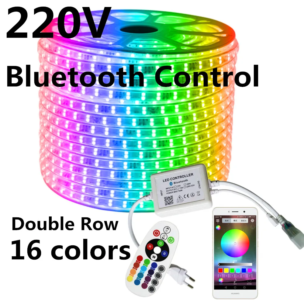 

Двухрядная Светодиодная лента 220 В RGB + ИК 24 клавиши, Bluetooth-управление, 120 светодиодов/м, 5050 флейта, IP67 водонепроницаемая наружная декоративная...