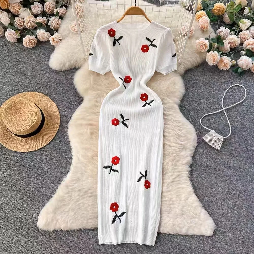 

French Elegant Embroidered Rose Knitted Dress Women Summer Short Sleeve White Knit Dress Pretty Office Lady Black Midi Dress