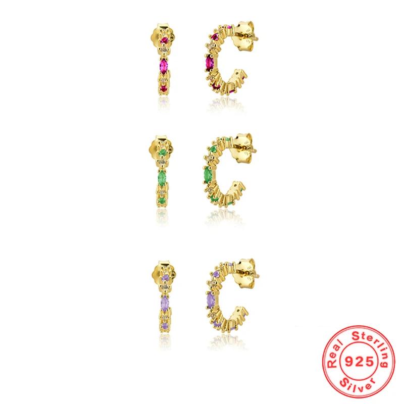 

925 Sterling Silver C-type Stud Earrings for Women Simple Temperament Purple/Green/Rose Red Color Zircon Popularity Earrings