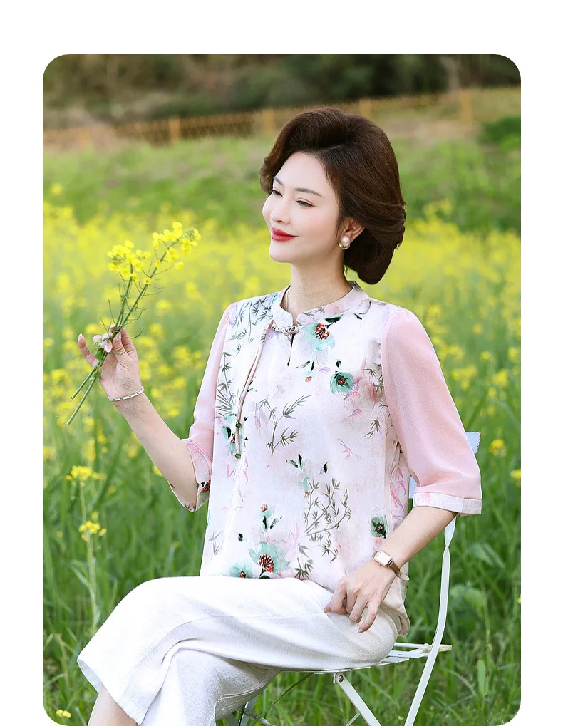 Женская шифоновая футболка в китайском стиле с принтом лягушки и средним рукавом