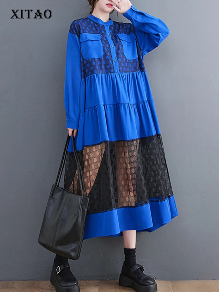 

XITAO Patchwork Gauze Folds Shirt Dress Fashion Contrast Color Pocket Loose Appear Thin Women Autumn Casual Dress DMJ2432