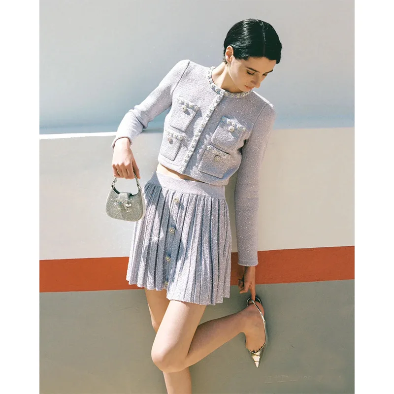Фото Luxury Quality Autumn Sweater Knitted Two Piece Set For Women Cardigans Short Skirts Suits Beading Diamonds Knitting Top Pleated №2