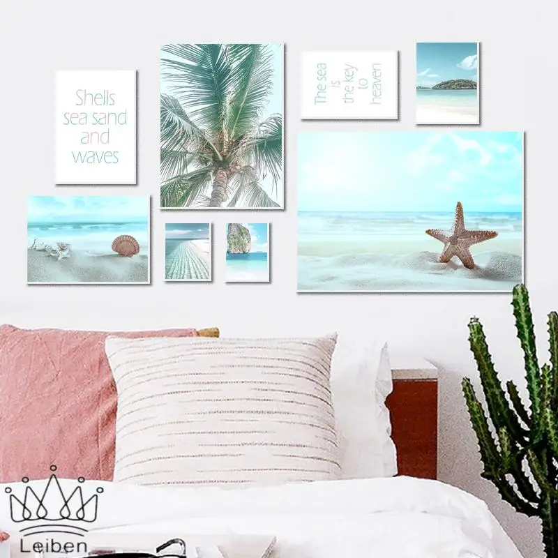 

Nordic Beach Seascape Canvas Painting Shell Starfish Quote Poster Modern Landscape Photography Picture for Living Room Decor