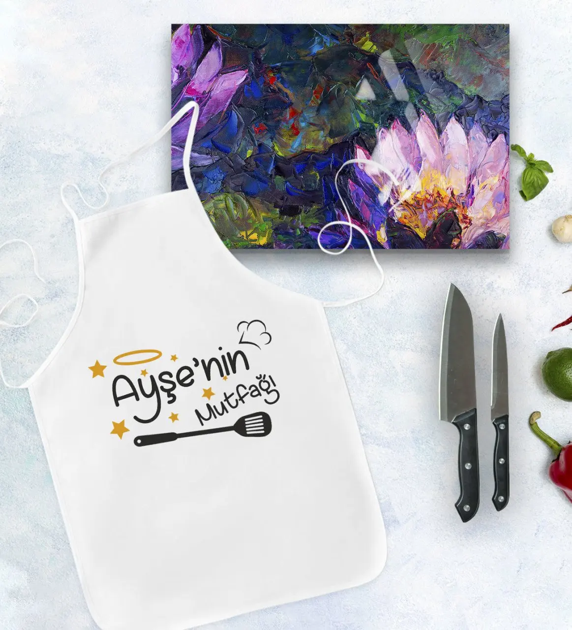 

Personalized kitchen apron and glass cutting tray gift set Model 47