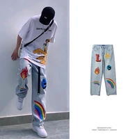 jeans rainbow graffiti print washed jeans mens tide brand wide leg straight leg loose all match hip hop street trousers