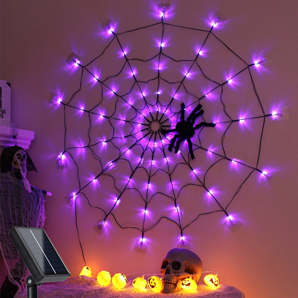 

Dia 1M 60LEDs Solar Spider Web Lights String 8 Modes Halloween Spider Web Net Light for Party Room Window Wall Courtyard Decor