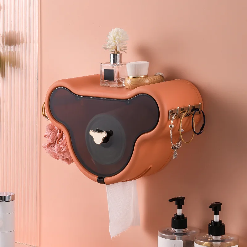 

Toilet Facial Tissue Box Wall Hanging Storage Paper Rack Free-punching Bath Roll Carton Towel Waterproof Storage Box With Hook