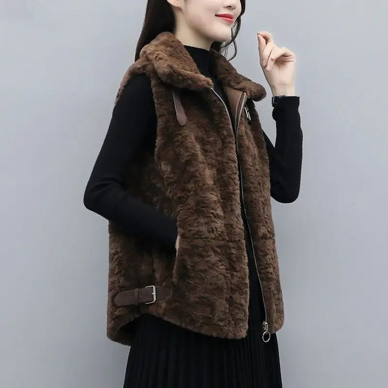 Winter Warm Wool Vests Women Faux Fur Sleeveless Jacket Cardigan Plus Size Zipper Pockets Korean Coats Harajuku Vintage Vest
