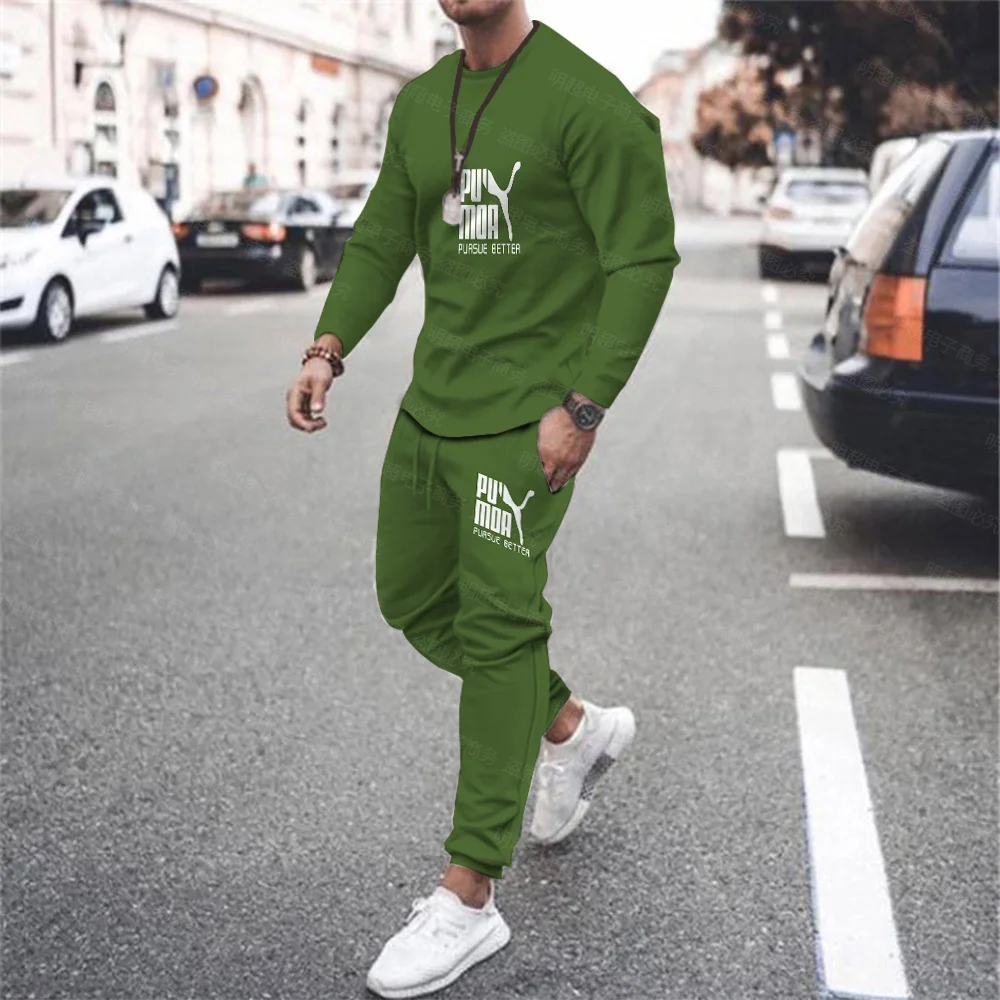 Fashion Men's Autumn New Two-piece Sports Casual O Neck Long Sleeve + Drawstring Pants Fitness 3D Printing Running Oversized