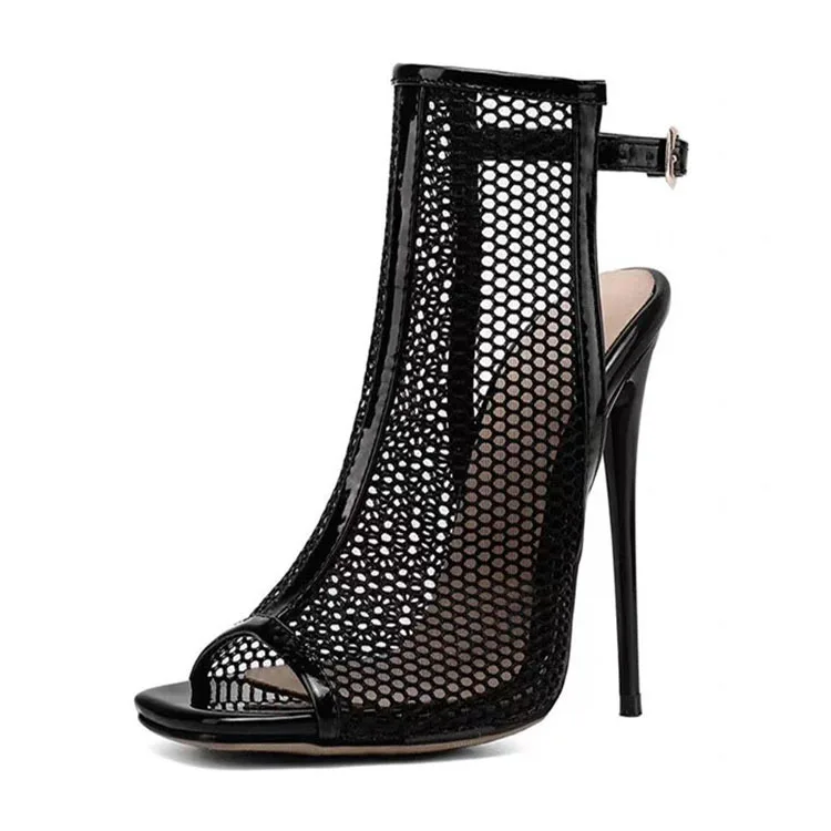 

2023 New Arrival Roman Style Hollow Mesh Peep Toe Stiletto High Heel Sandals with One-Strap Buckle Shoes