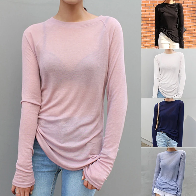 

Spring Summer Basic Tops Long Sleeve Loose Thin Sexy T-Shirt Women Fashion Solid Color Cloth