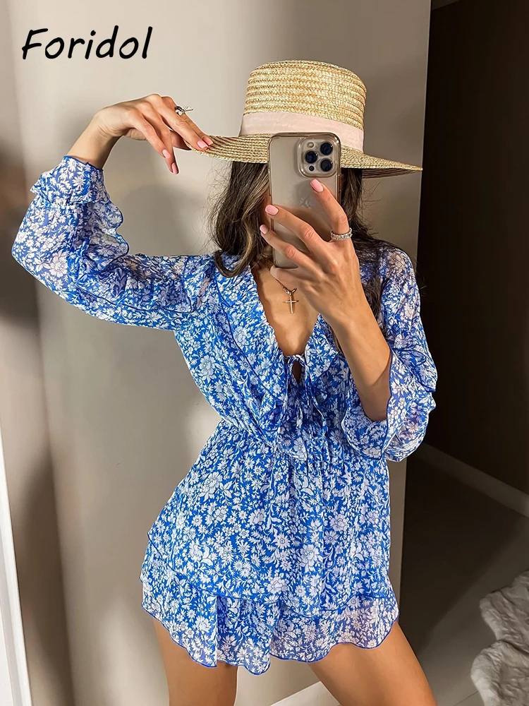 

Transparent Chiffon Long Sleeve Wide Leg Blue Boho Romper Playsuit Mujer Summer Rufffles Tiered Jumpsuit Overall Floral Print