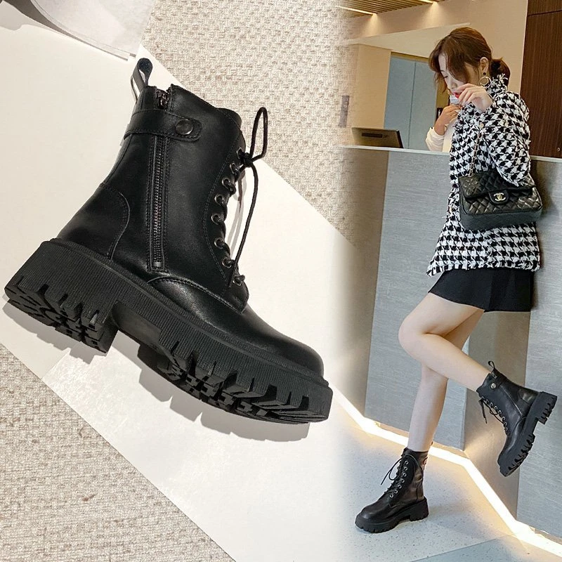 

2022 NEW Autumn Black Combat Boots Women White Leather Platform Motorcycle Boots Punk Gothic Shoes Winter Mid Calf Chelsea Boots