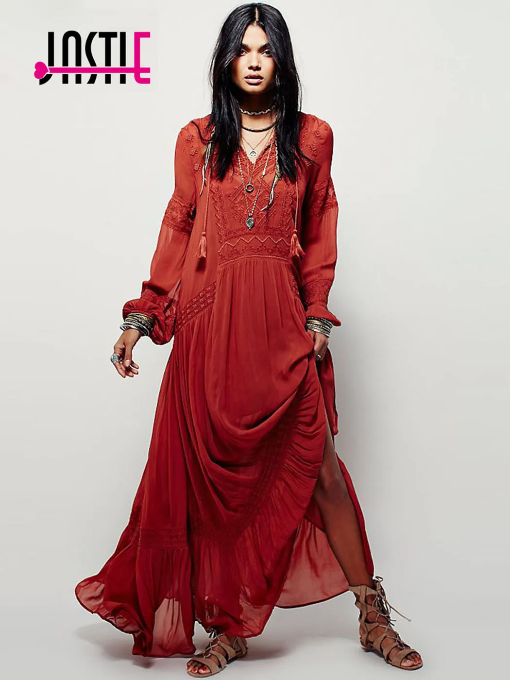 Jastie נשים שמלות אלגנטי גבירותיי בציר ארוך שרוול Embroideried כתום אדום מקסי שמלת Vestidos Femininos Boho סגנון 2022