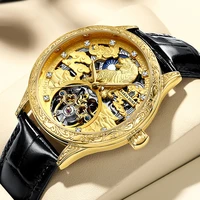retro 3d engraved tiger dial mens mechanical watch tourbillon skeleton automatic watch men bling diamond gold relogio masculino