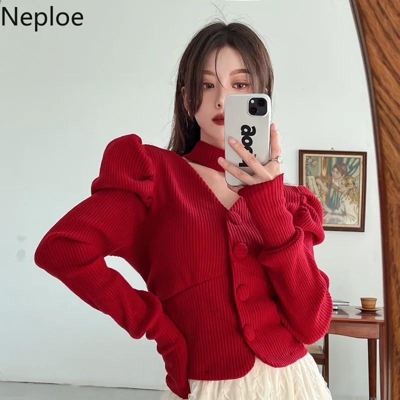 Укороченный кардиган Neploe Y2K Hater топы женский свитер с V-образным вырезом и пышными