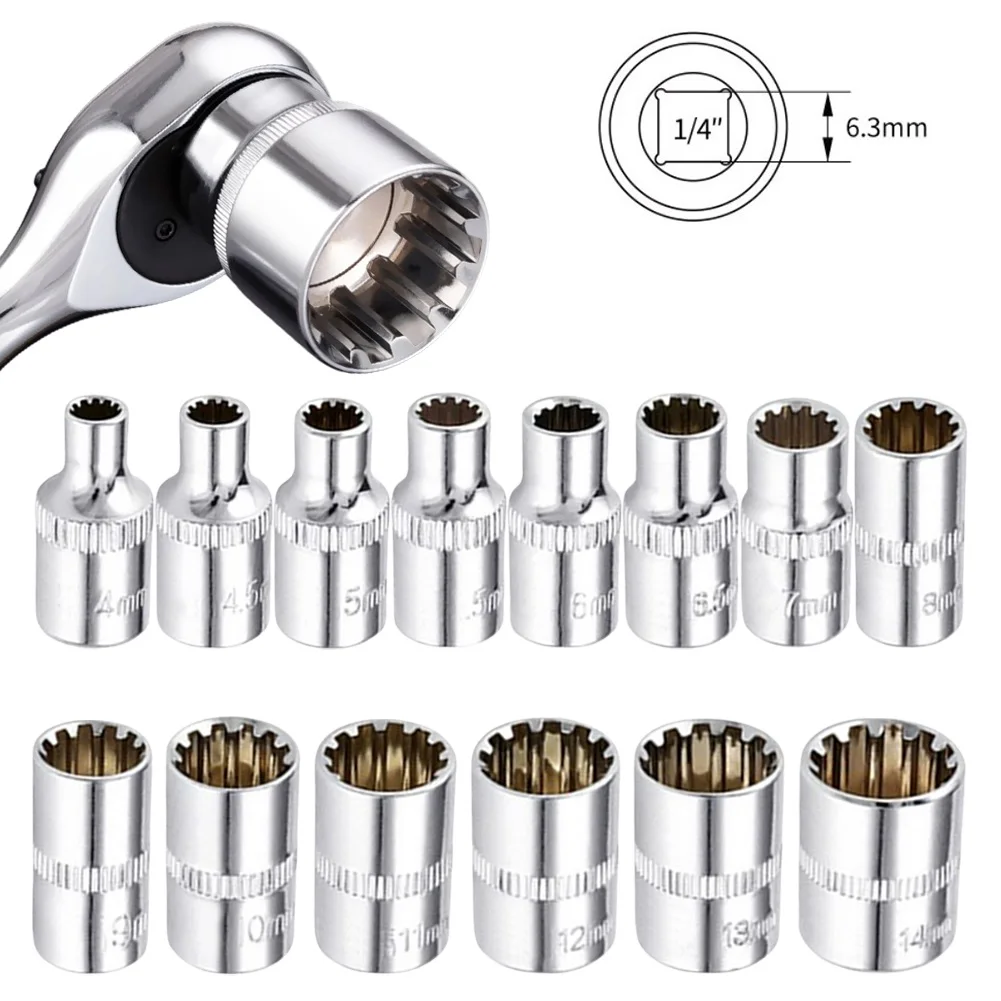 

1pc 12 Point Socket Bit 1/4 Square Drive Mirror Short Head For Ratchet Wrench 4/4.5/5/5.5/6/7/9/10/11/12/13/14mm Hand Tools