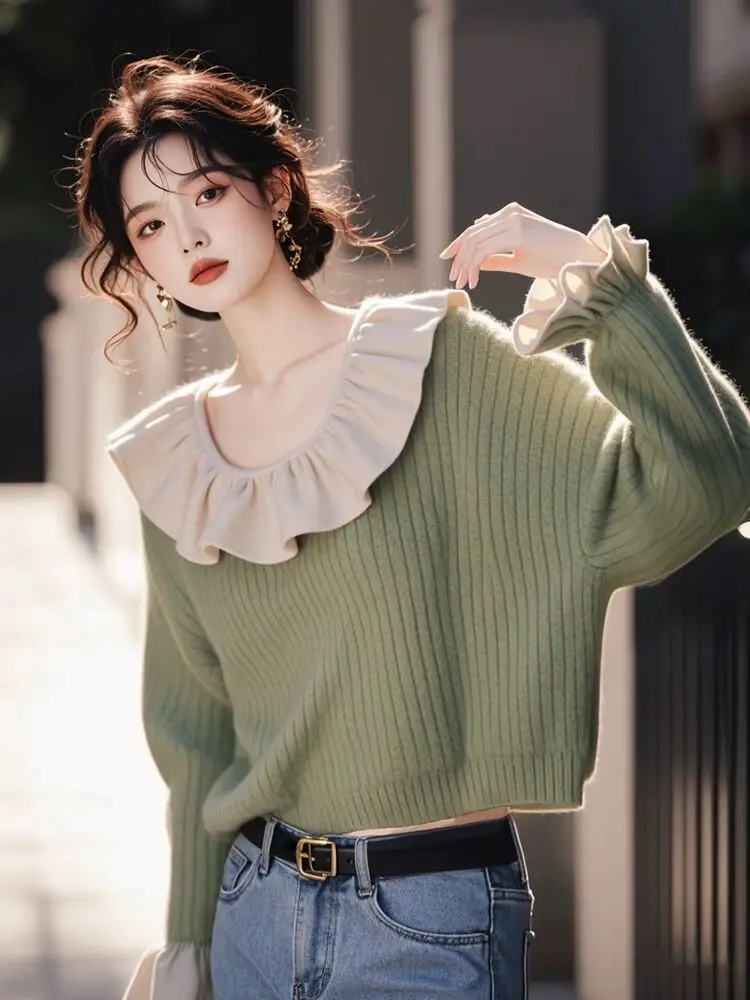 Ole Discount Store Brand Cut the Tag off Lazy Unique Soft Glutinous Loose Green Frill Patchwork Knit sweater Autumn and Winter