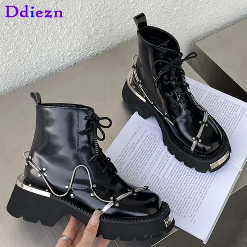 

New Ankle Short Boots For Women 2023 Pu Leather Fashion Winter Square Toe Metal Booties Ladies Modern Female Platform Shoes