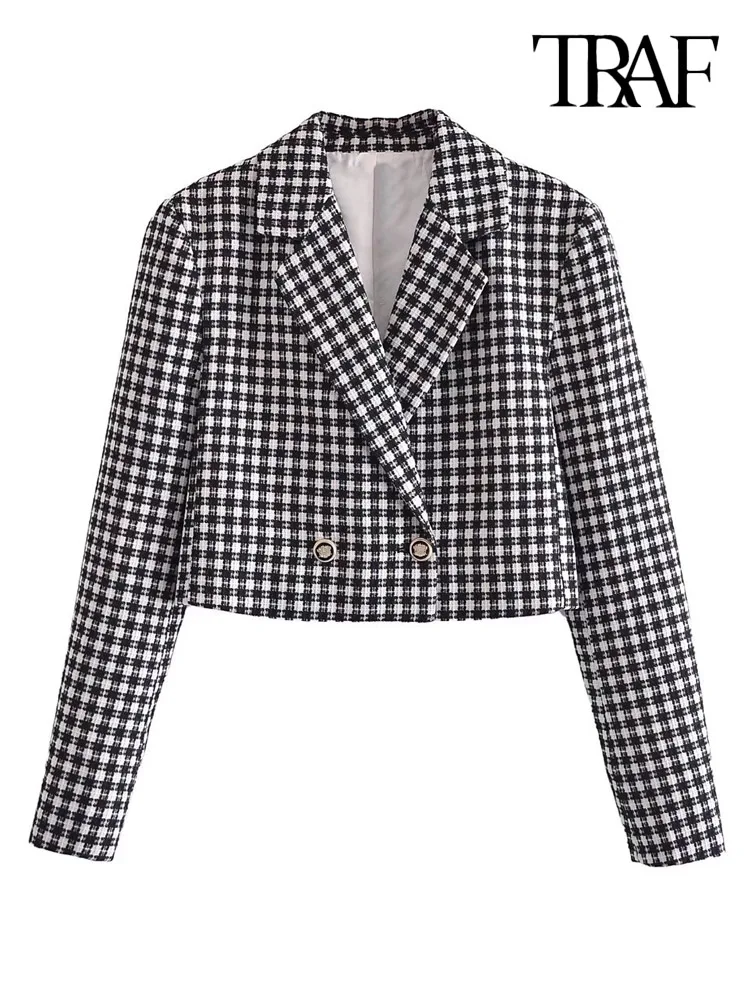 

TRAF Women Fashion Tweed Cropped Check Blazer Coat Vintage Long Sleeve With Buttons Female Outerwear Chic Veste Femme