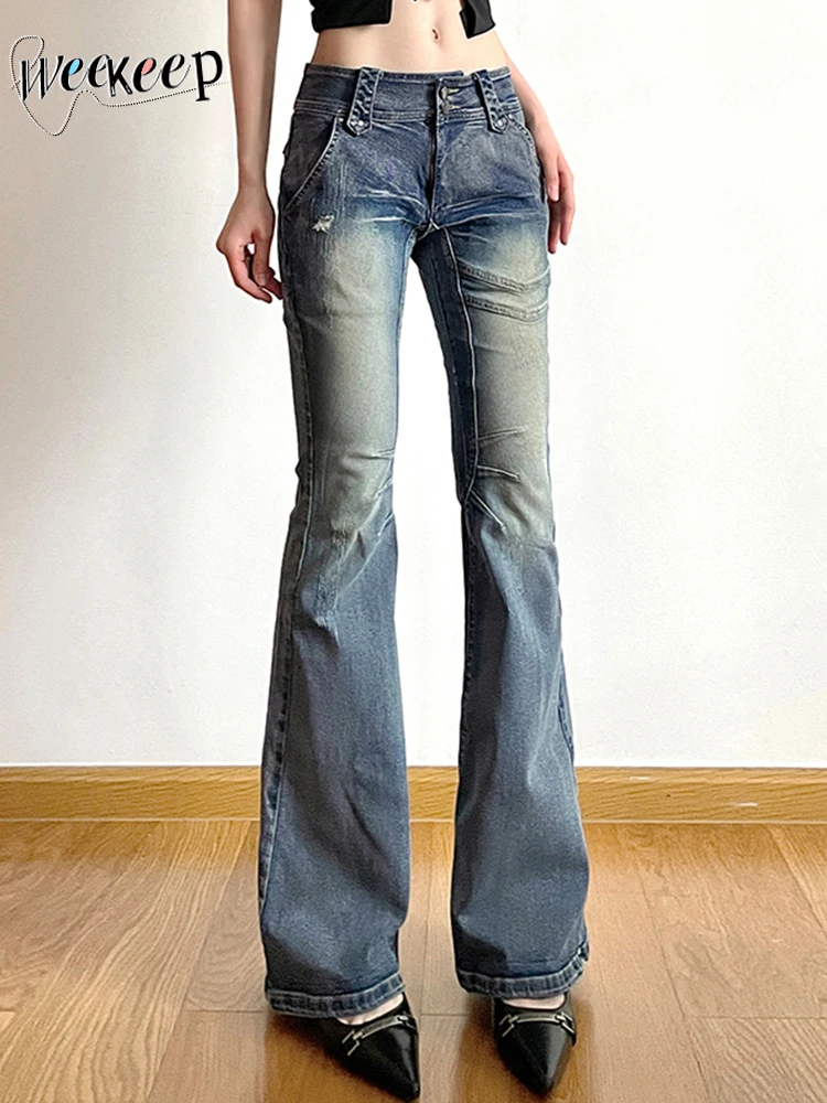 

Weekeep y2k Streetwear Stitched Jeans Vintage Button Up Low Rise Flared Jeans Harajuku Slim Denim Pants 2000s Harajuku Trousers