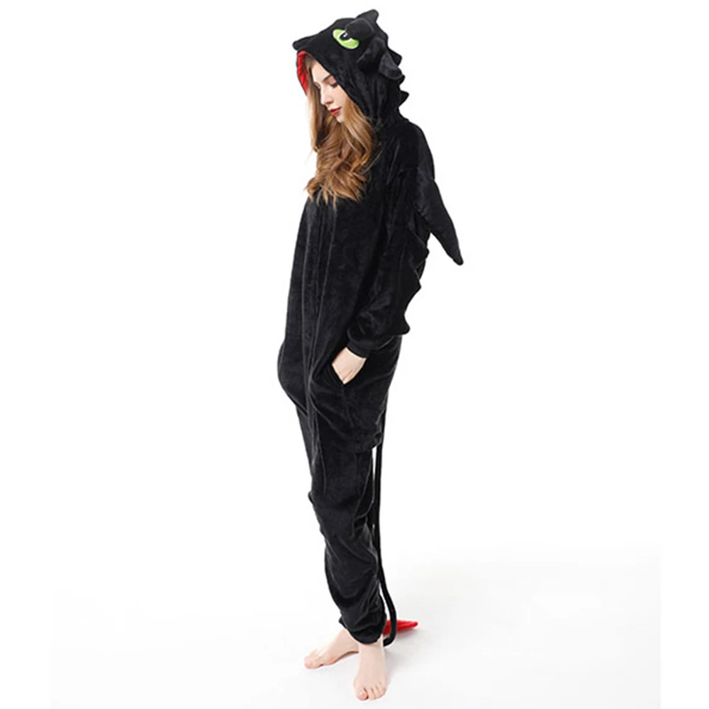 Anime Black Dragon Costume Kigurumi Onesies Pijimas Animal Winter Flannel Pajamas Unisex Adults Halloween Party Costume Jumpsuit