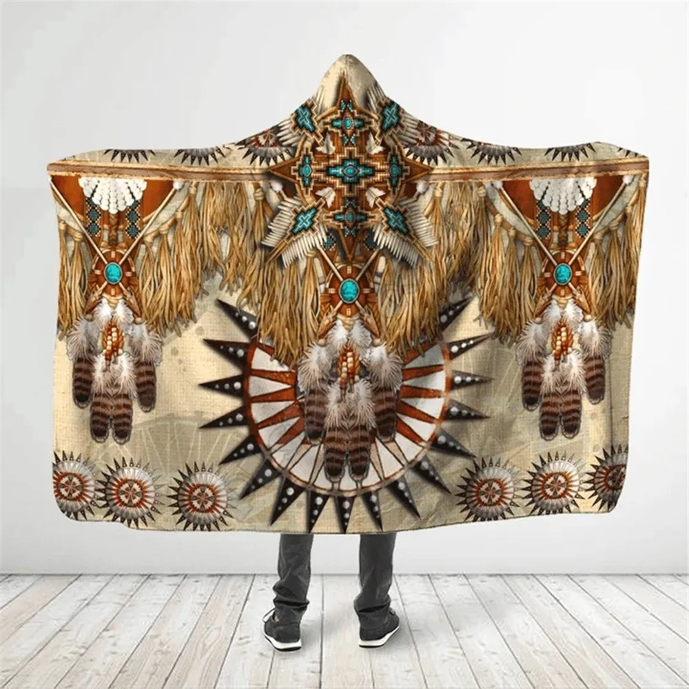

Native Feather Hooded Blanket 3D All Over Printed Wearable Blanket for Men and Women Adults Kids Fleece Blanket 09