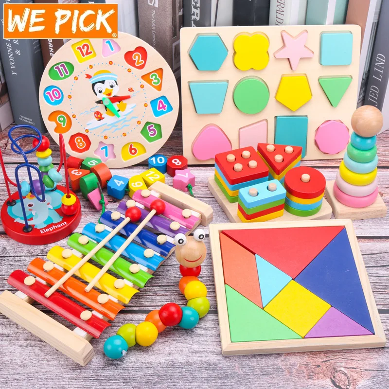 

Montessori Cartoon Animal Educational Wooden Tetris Classic Toy Beaded Geometry Digital Clock Puzzles Gadgets Matching Children
