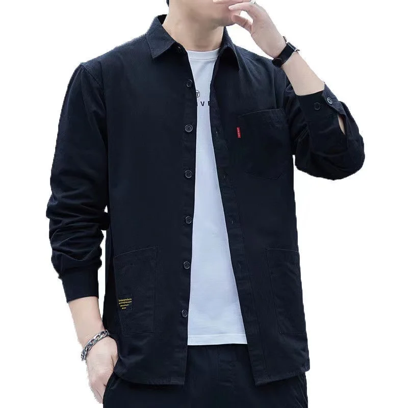 Men'S Shirts Spring Autumn Casual Shirt Top Tooling High-End Cotton Loose Long-Sleeved Shirt Square Neck Standard Menswear