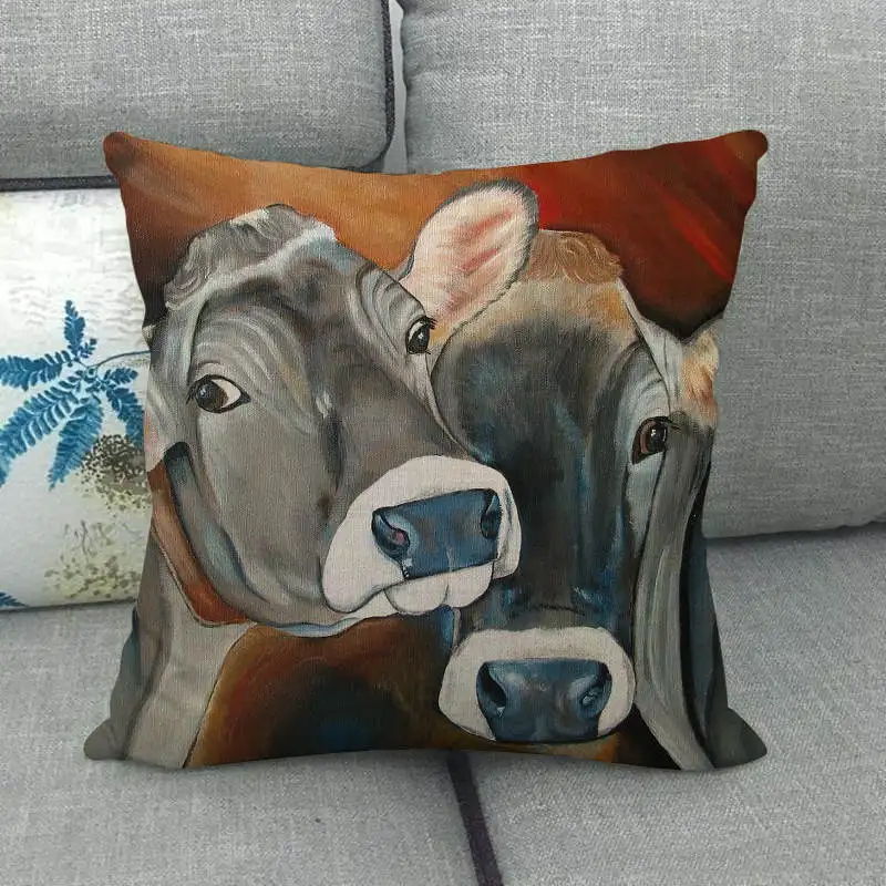 

Creative Oil Painting Style Animal Printed Pillowcase 45x45cm Farmhouse Decor Cow Pattern Linen Square Throw Cushion Cover