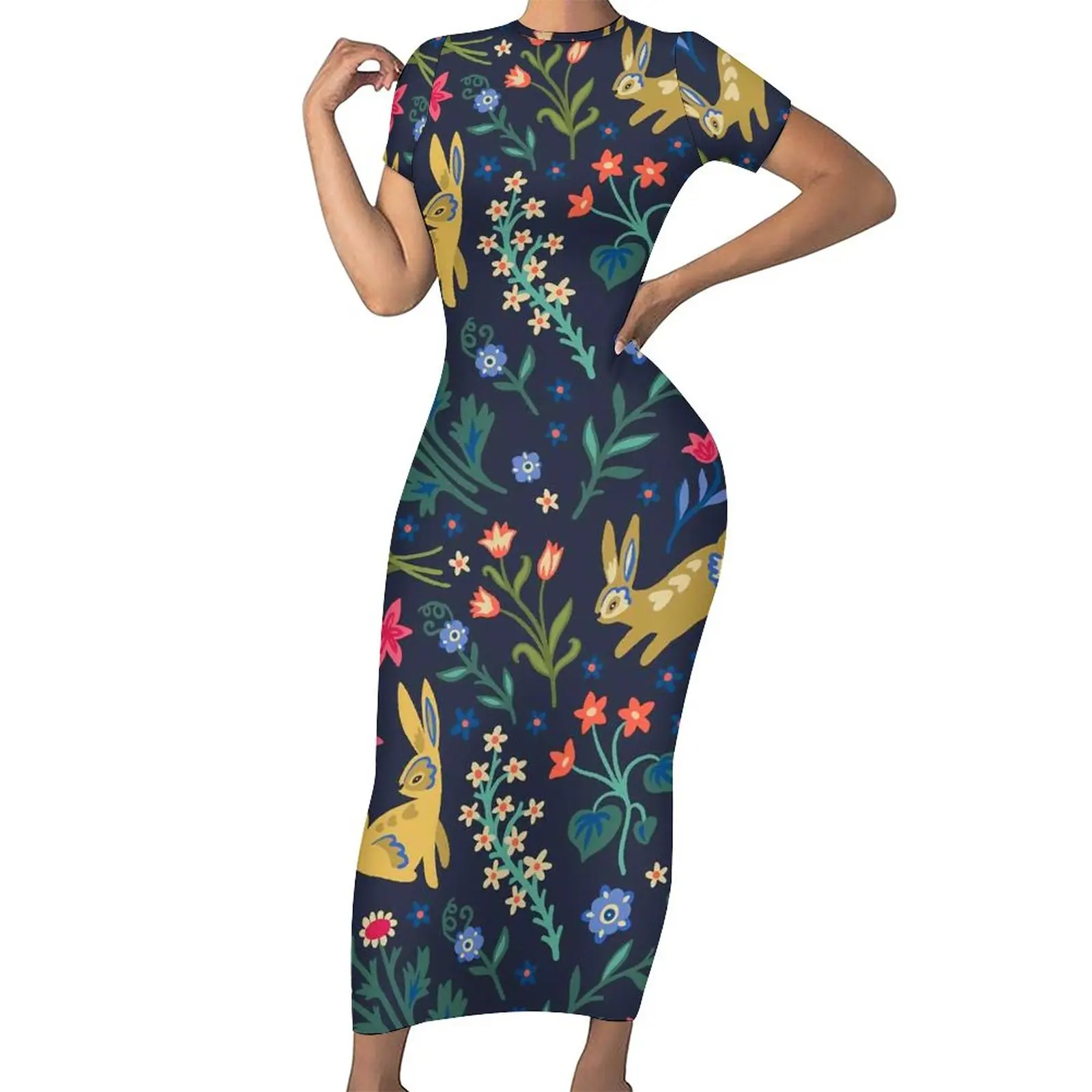 

Happy Easter Amigos Dress Short Sleeve Bunnies Flowers Print Street Fashion Maxi Dresses Bodycon Dress Custom Oversized Vestido