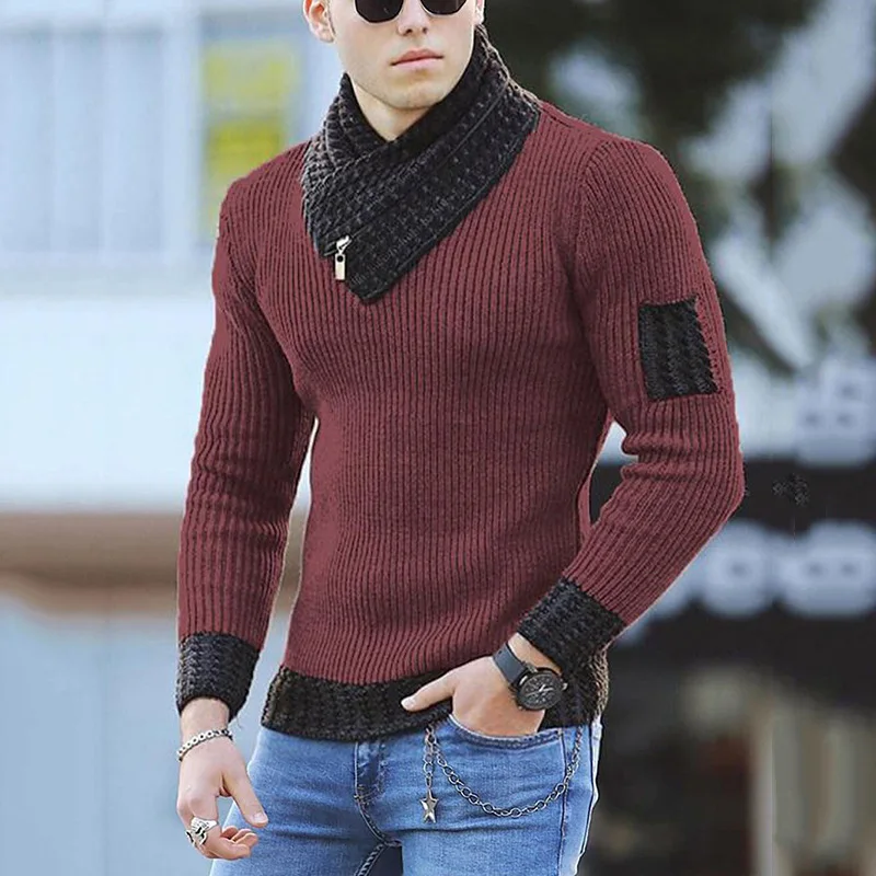 Autumn And Winter New Men's Casual Stitching Knitted Pullover Turtleneck Sweater
