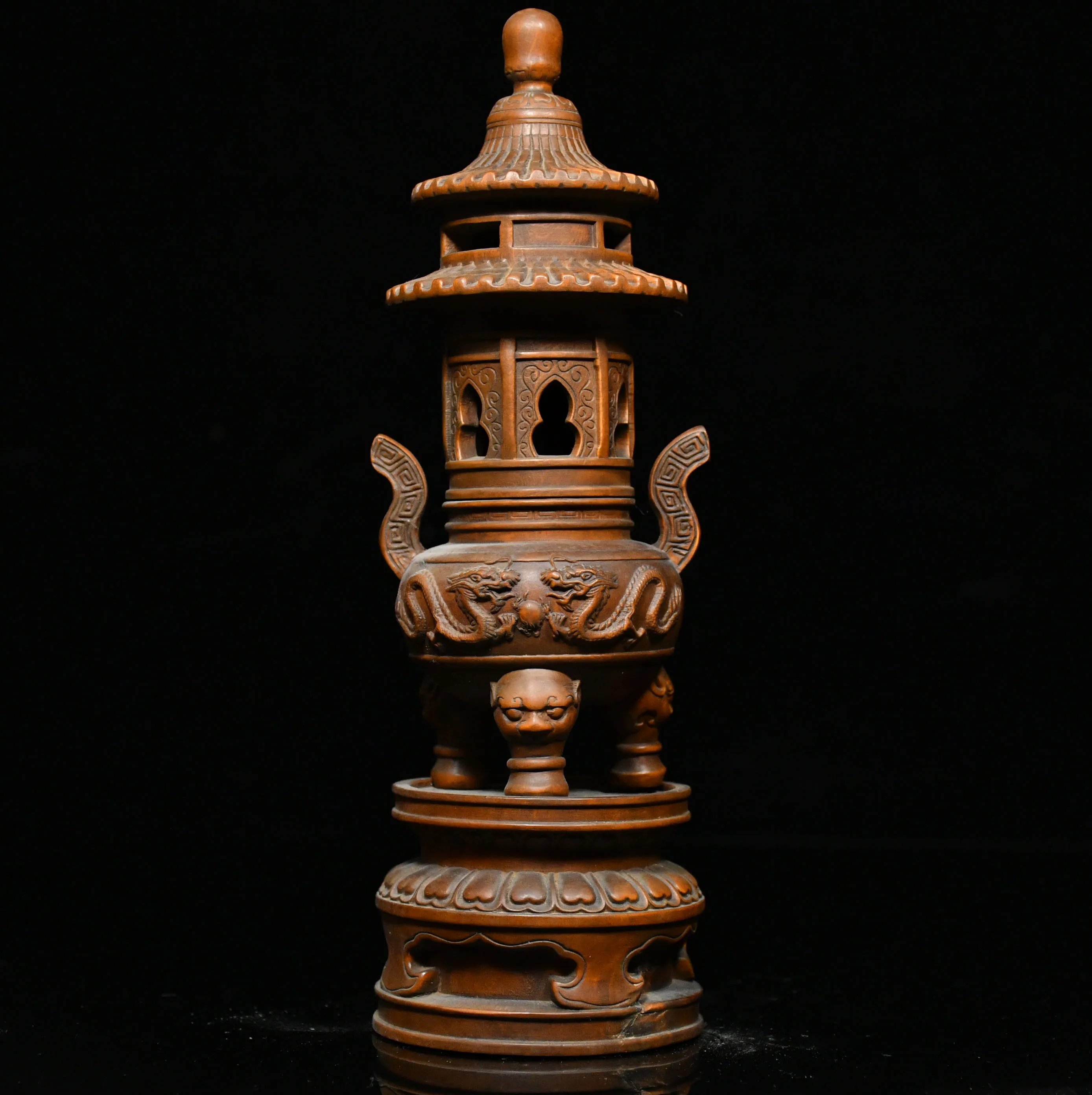 

9"Chinese Folk Collection Boxwood Two Dragons Playing Pearls stupa pagoda incense burner office ornament Gather fortune