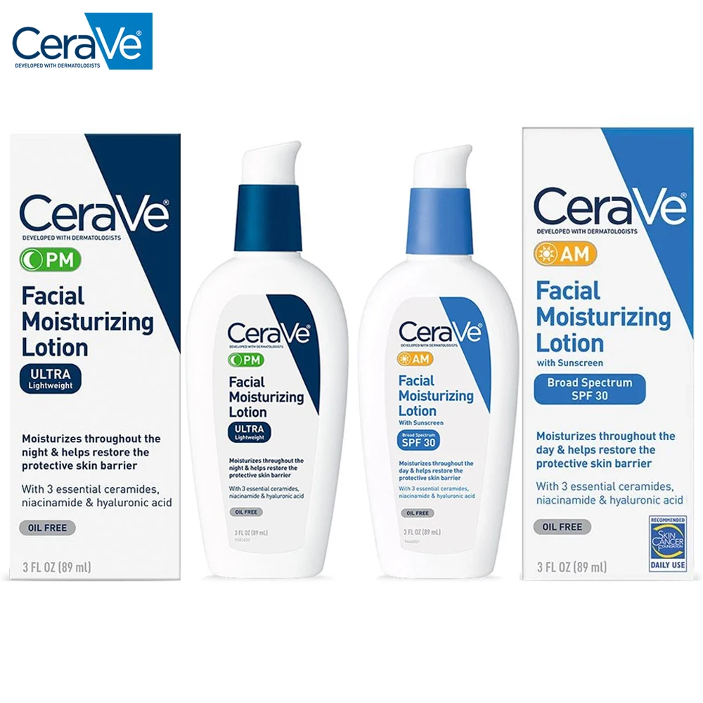 

2PCS CeraVe AM Day And PM Night Facial Moisturizing Lotion With SPF30 Repair Sensitive Skin Nicotinamide Ceramide Creams 89ML