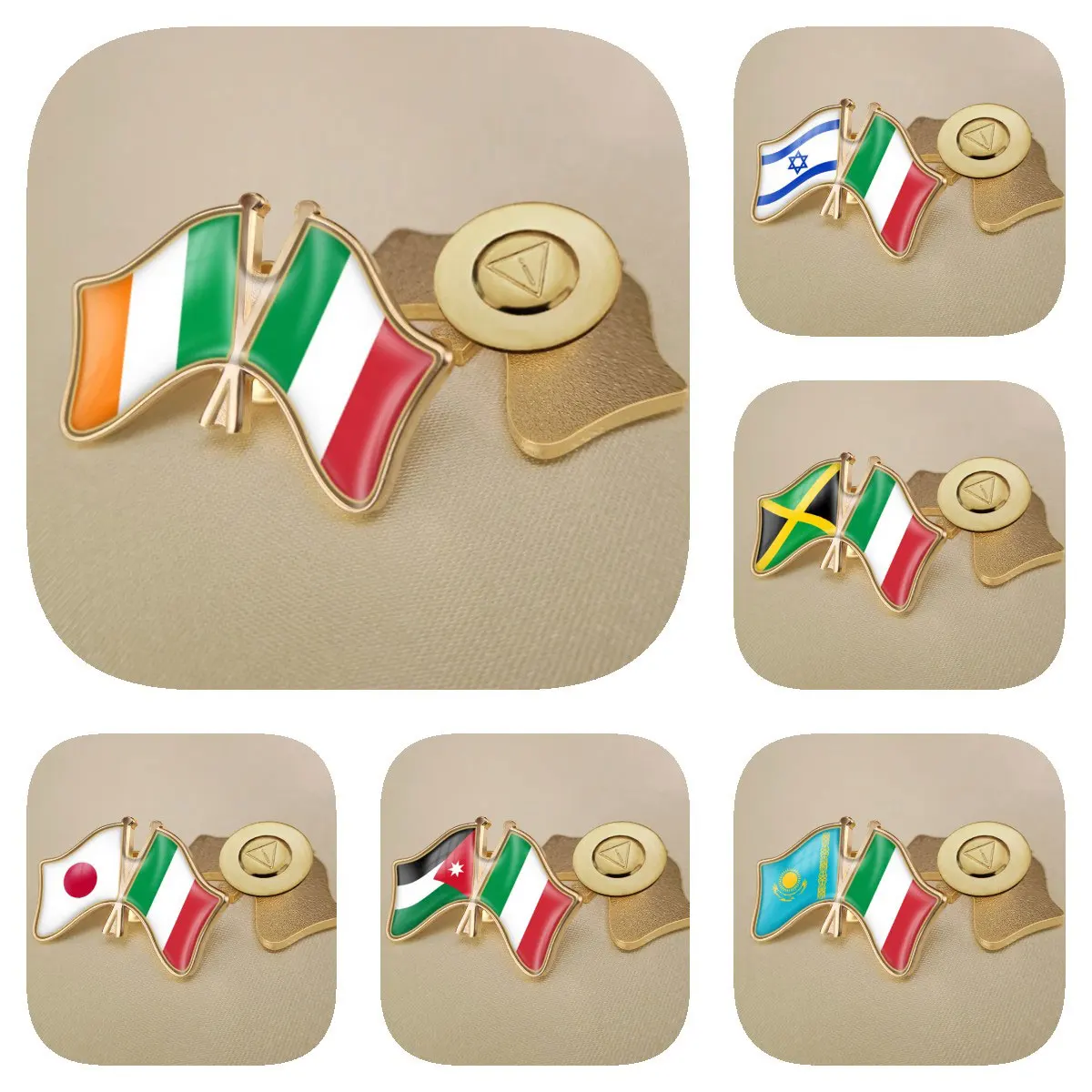 

Italy and Ireland Israel Jamaica Japan Jordan Kazakhstan Double Crossed Friendship Flags Brooches Lapel Pins Bradges