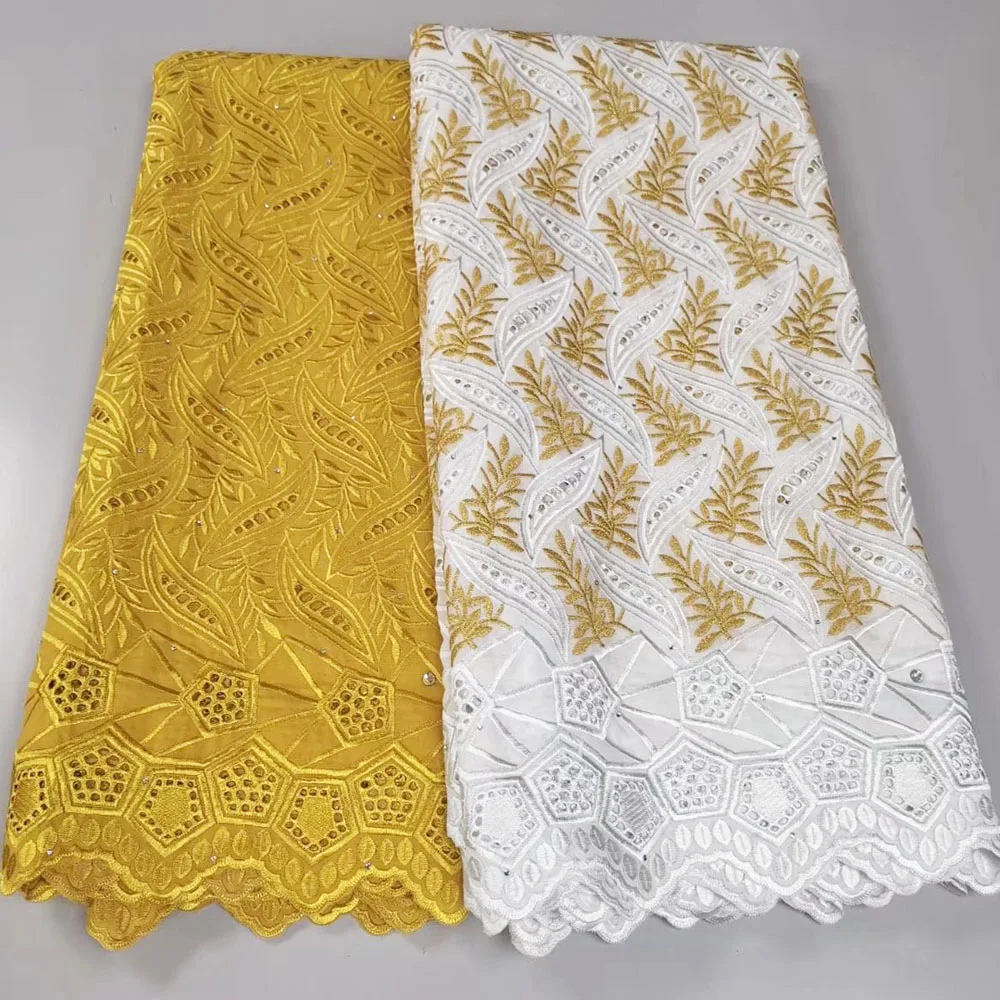 2.5+2.5 Yards Swiss Lace Fabrics Fashion Style Good Quality African Swiss 100%Cotton Lace Fabric With Stone Dubai Style
