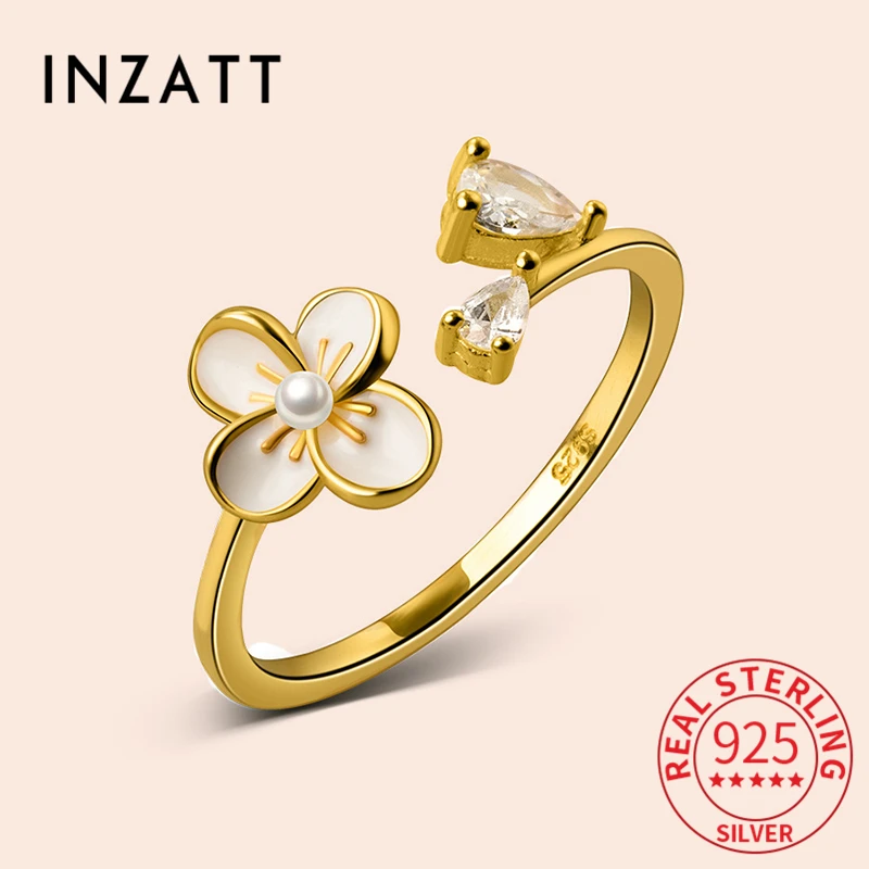 

INZATT Real 925 Sterling Silver Zircon Flower Pearl 18K Gold Adjustable Ring For Women Cute Fine Jewelry Minimalist Accessories