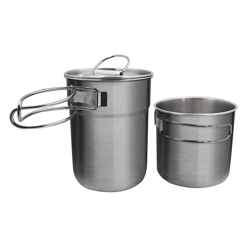 

2Pcs Foldable Camping Cups And Mugs Pot 304 Stainless Steel Outdoor-Cookware-Set With Vented Lid,Camping Kettle