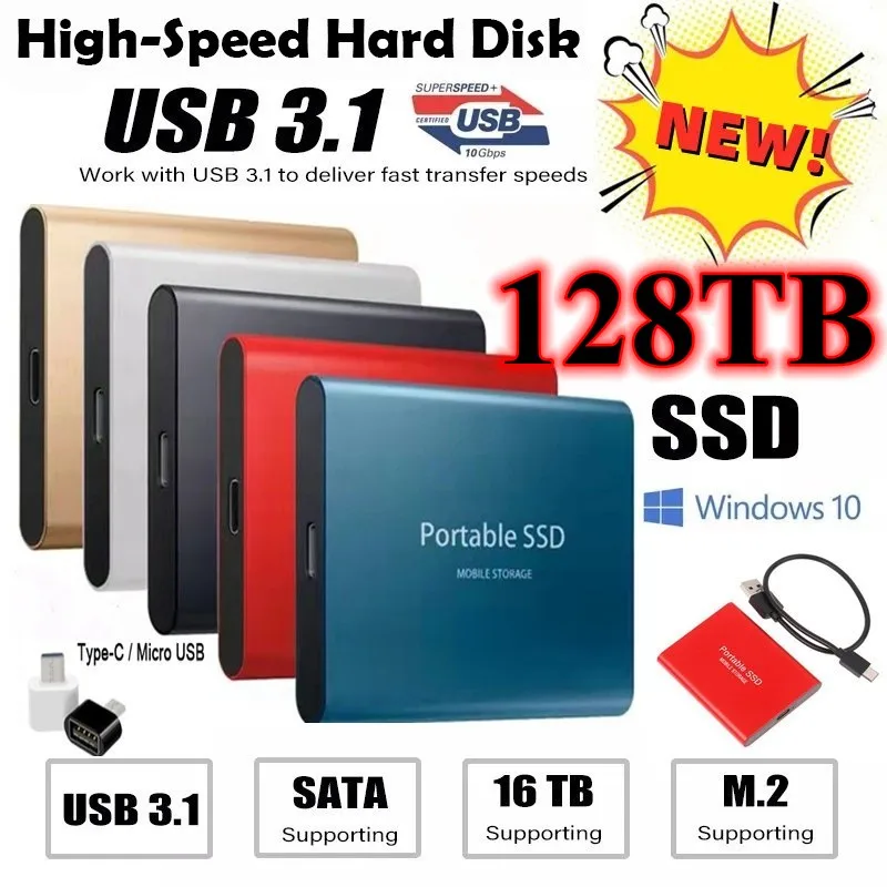 

Portable 128TB/64TB/32TB/16TB mobile hard disk C-type SSD shockproof aluminum alloy solid state disk USB 3.0 transmission speed
