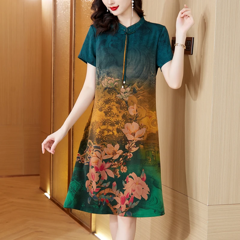 Новинка 2023 модное платье Qipao с принтом женское летнее универсальное китайское