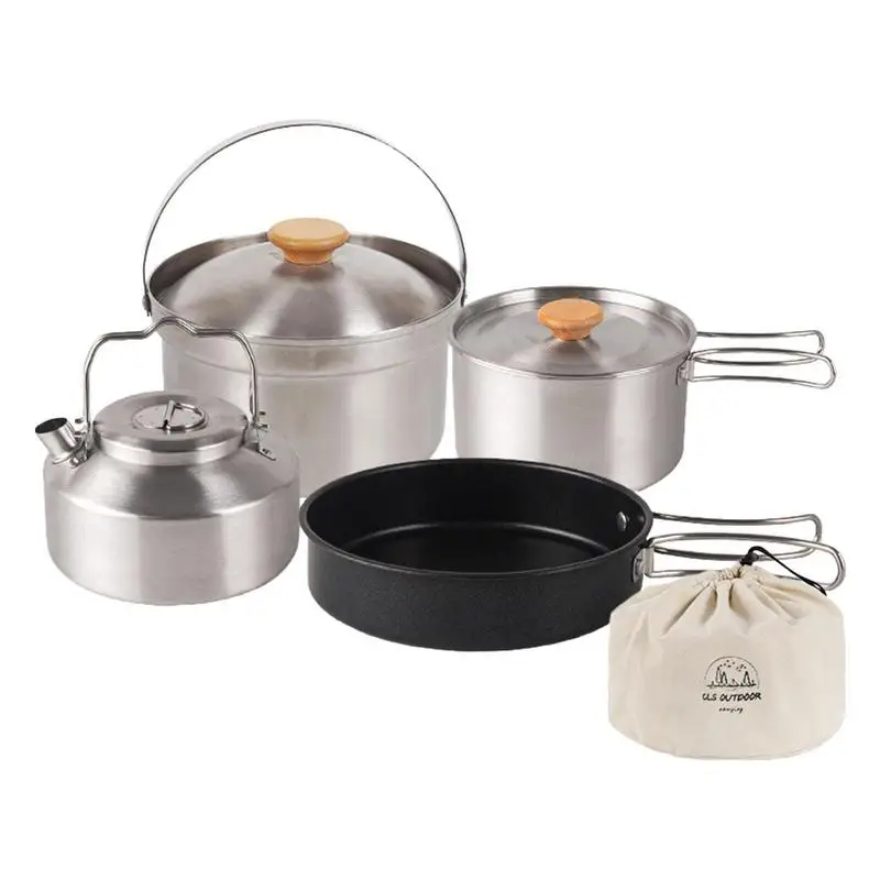 

Camping Pot Pan Set 4pcs Outdoor Cookware Set Stainless Steel Pots And Pans Nonstick Frying Pan For Picnic Mountaineering Hiking