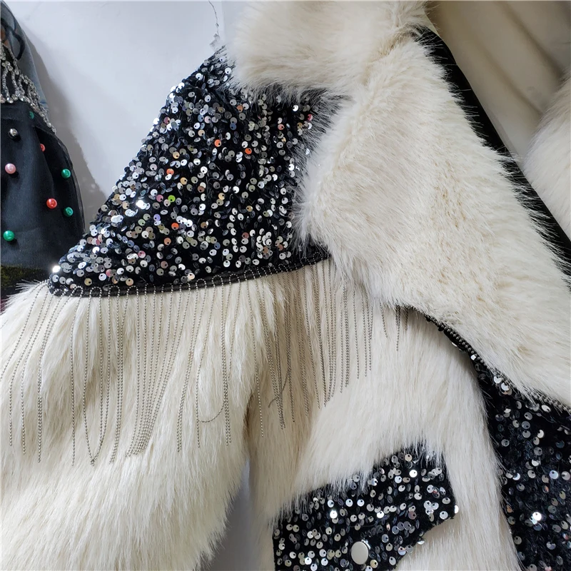 Embroidery Sequins Tassel Chain Faux Fur Coat Women Fur Collar Long-Sleeved Thickened Leather Stitching Fur Jacket Winter 2021