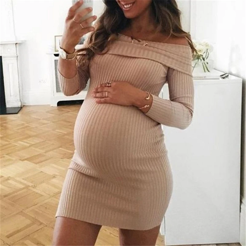 

2022 New Spring Women Pregnancy Casual Slash Neck Mini Dress Maternity Long Sleeve Clothes Female Dresses Vestidos