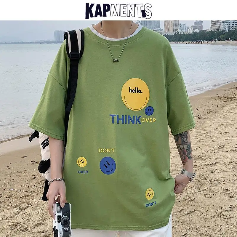 

KAPMENTS Men Smile Print Graphic Tshirts 2022 Summer Mens Streetwear Graphic Harajuku T Shirts Japanese Fashions Casual Tees