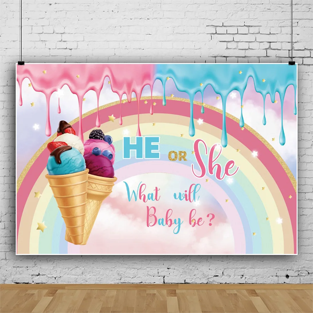 

Gender Reveal Rainbow Ice Cream Backdrop for Newborn Baby Welcome Surprise Party Photography Background Booth Poster Custom
