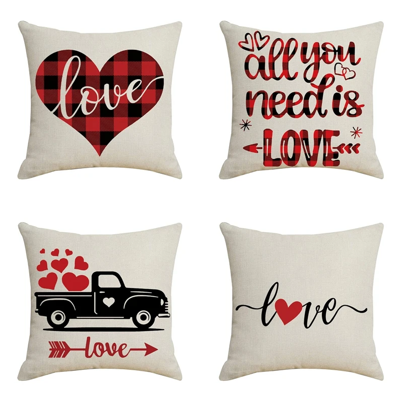

LBER 4Pcs Love Linen Decorative Cushion Cover 45X45CM Romantic Valentine Day Gift Pattern Pillowcase For Living Room Bed
