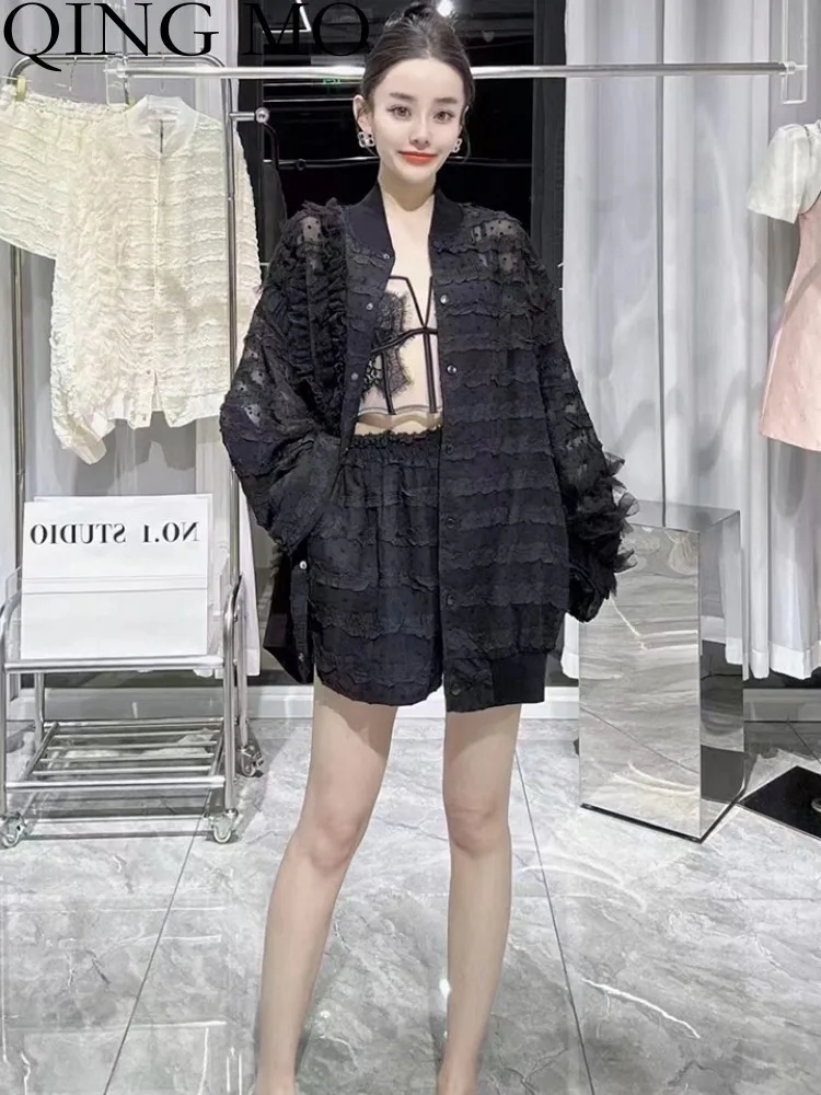 

QING MO 2023 Summer New Loose Spliced Lace Sunscreen Coat + Casual Shorts Two Piece Set Women Black White Matching Set ZXF3126